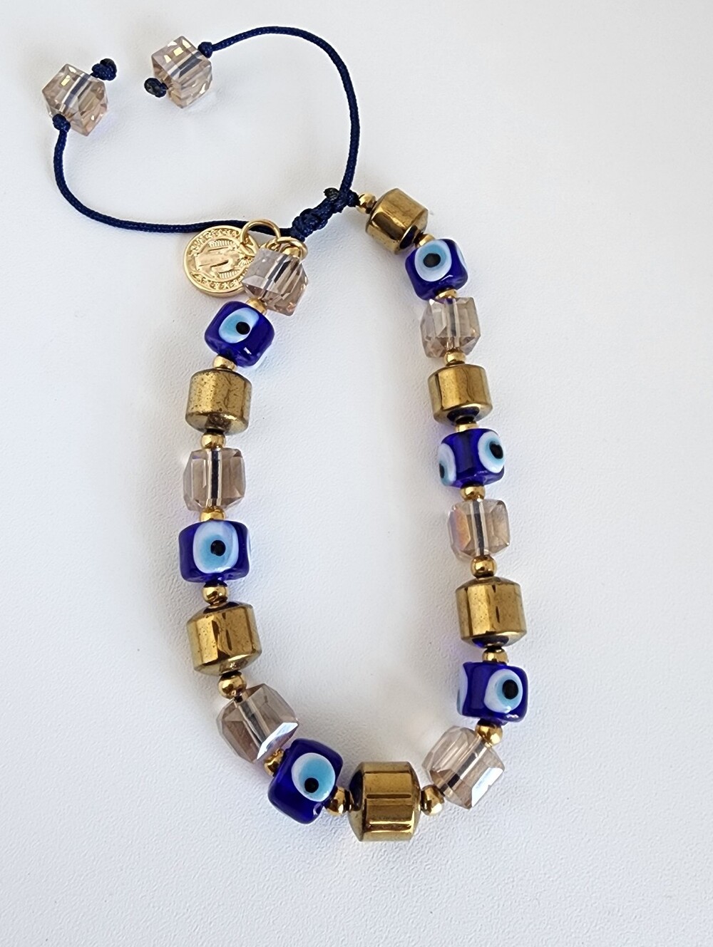Blue Evil Eye Murano Glass & Hematite Adjustable Bracelet Gold Tone - Picture 3 of 4